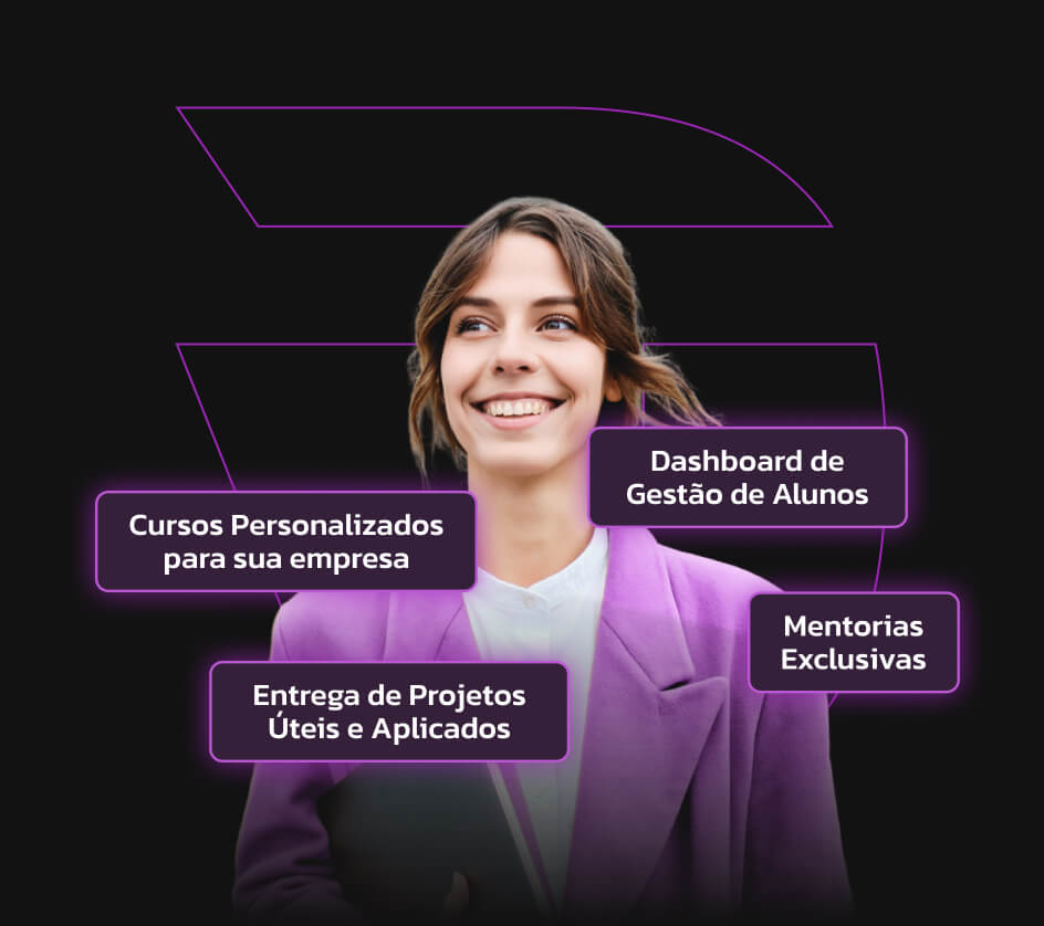 Moça sorrindo, de cabelo preso, usando casaco roxo e segurando um laptop. em frente balões de texto mostrando bantagens de cursos in company da DataTech School como Cursos Personalizados para sua empresa,Dashboard de Gestão de Alunos, Entrega de Projetos Úteis e Aplicados e Mentorias Exclusivas